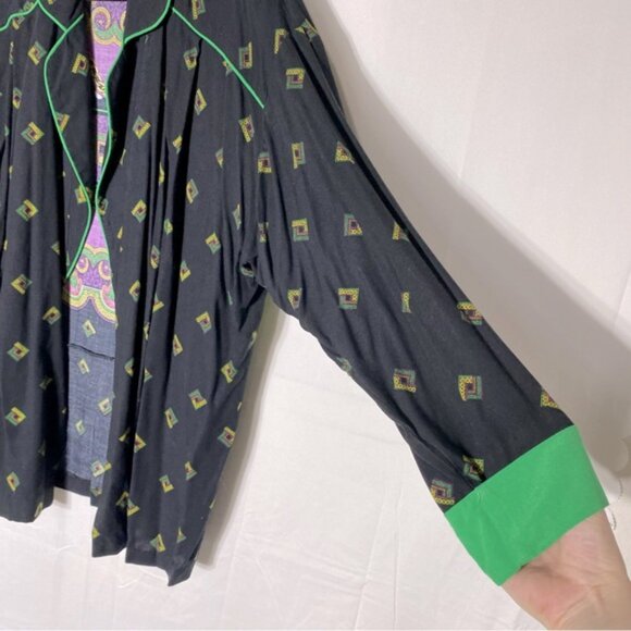 Vintage Lori Weidner Black Green Purple Bold Print Open Front Light Jacket 8 - Picture 6 of 14